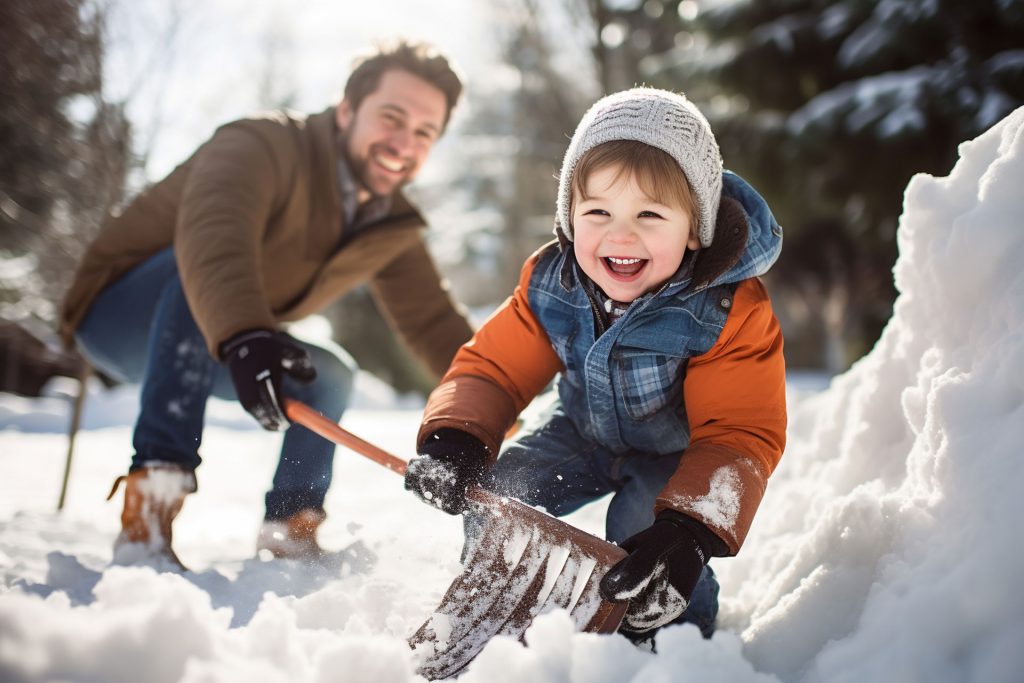 Happy smiling parent and clearing snow by shovel after snowfall , love winter